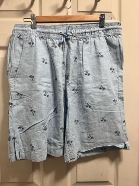 Light Blue Palm Tree Print Drawstring Shorts